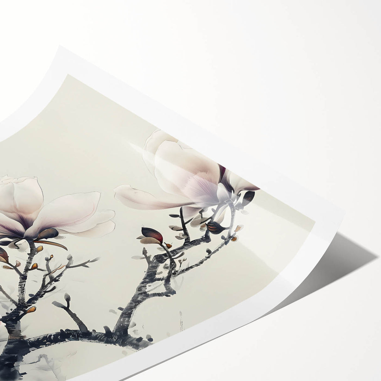 Rolled botanical wall art print featuring a delicate magnolia design, showcasing soft pink and white flowers against a subtle green background, ideal for home decor.