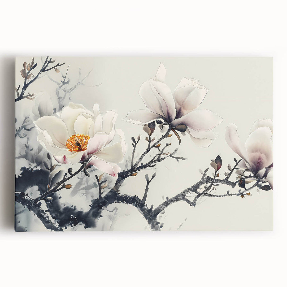 Stretched canvas wall art featuring a botanical magnolia design with vibrant colors, ideal for home decor and nature-inspired interiors. Perfect accent for modern spaces.