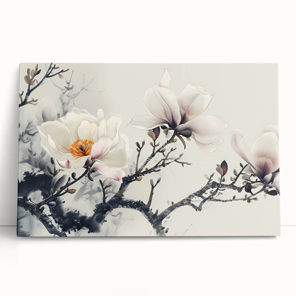 Stretched canvas wall art showcasing a botanical magnolia design with soft pink and white flowers against a neutral background, perfect for home decor.