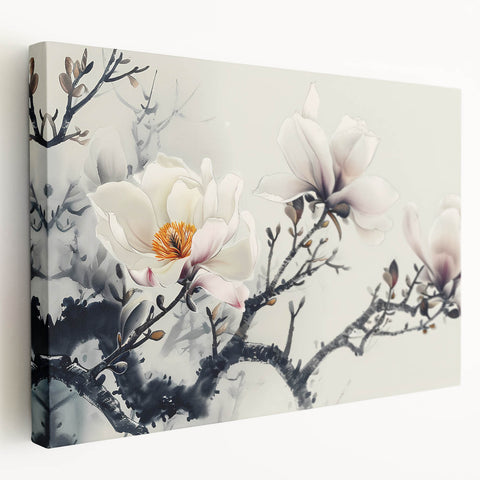 Stretched canvas artwork showcasing a botanical design of magnolia flowers in soft pastel colors, ideal for home decor or wall art collection.