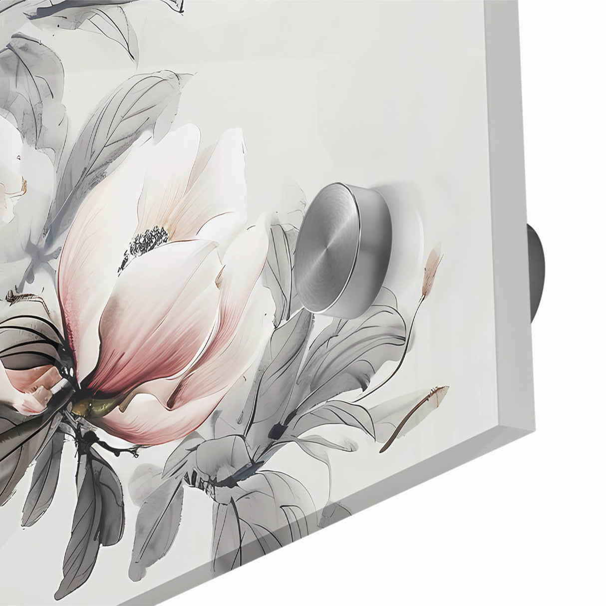 Close-up view of a botanical wall art piece featuring a detailed magnolia design on acrylic glass, showcasing vibrant colors and intricate floral patterns, perfect for home decor.