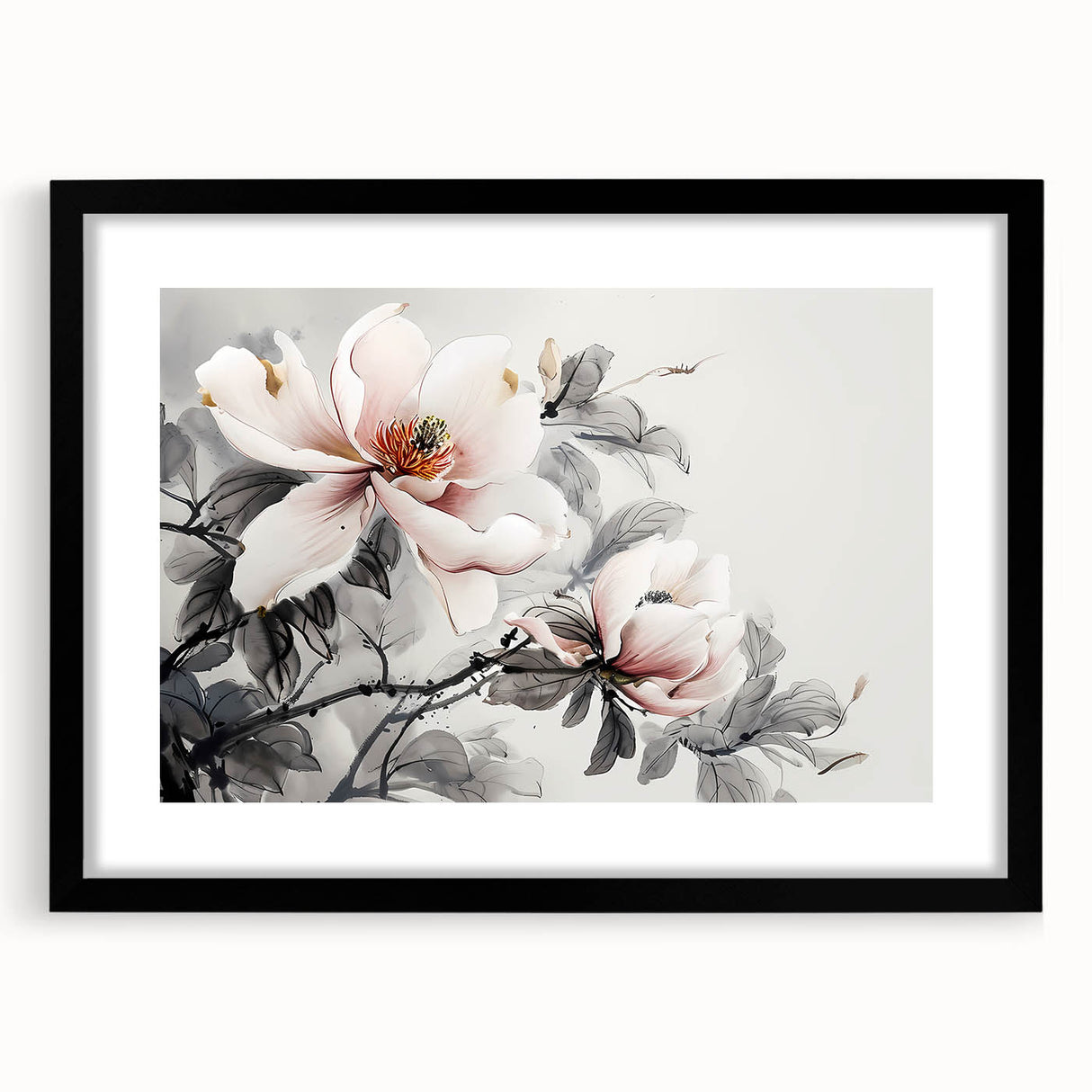Framed botanical wall art featuring a stunning magnolia design in a sleek black frame with a mat, perfect for home decor enhancement and floral-themed interiors.