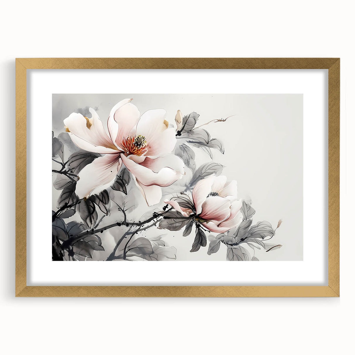 Elegant botanical wall art featuring a magnolia design in a gold frame with a white mat, ideal for home decor. Perfect for adding a touch of nature to any room.
