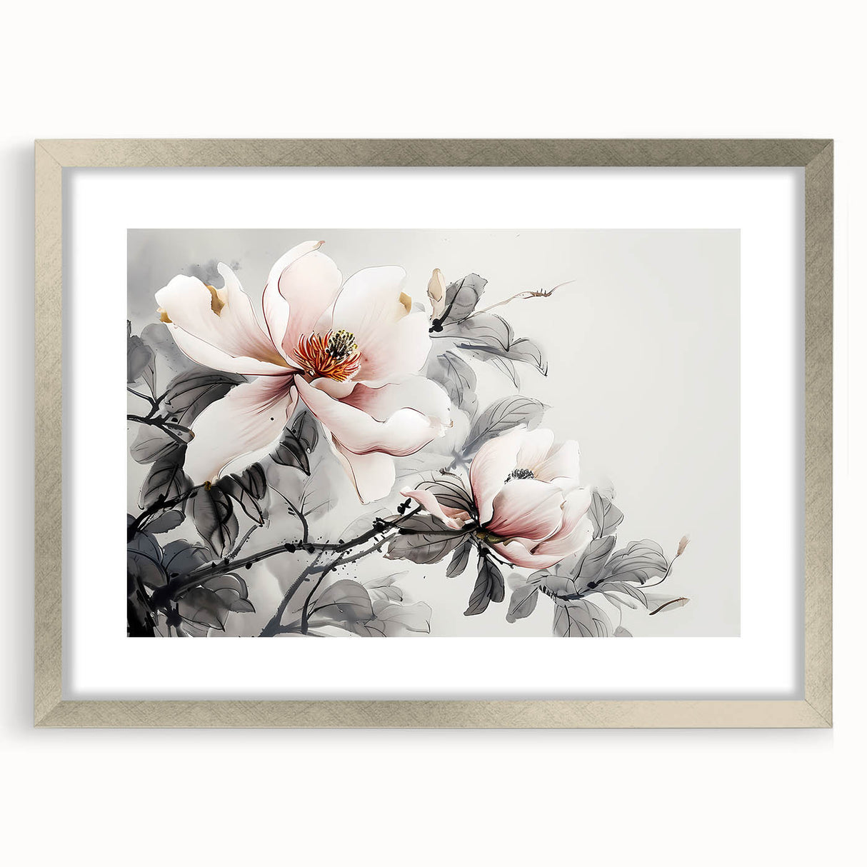Botanical wall art featuring a detailed magnolia design, elegantly framed in silver with a mat, showcasing floral beauty for home decor. Ideal for nature-inspired interiors.