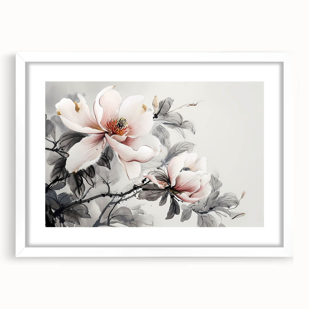 Framed botanical wall art featuring a magnolia design with a white mat, showcasing intricate floral details and elegant presentation, perfect for home decor.