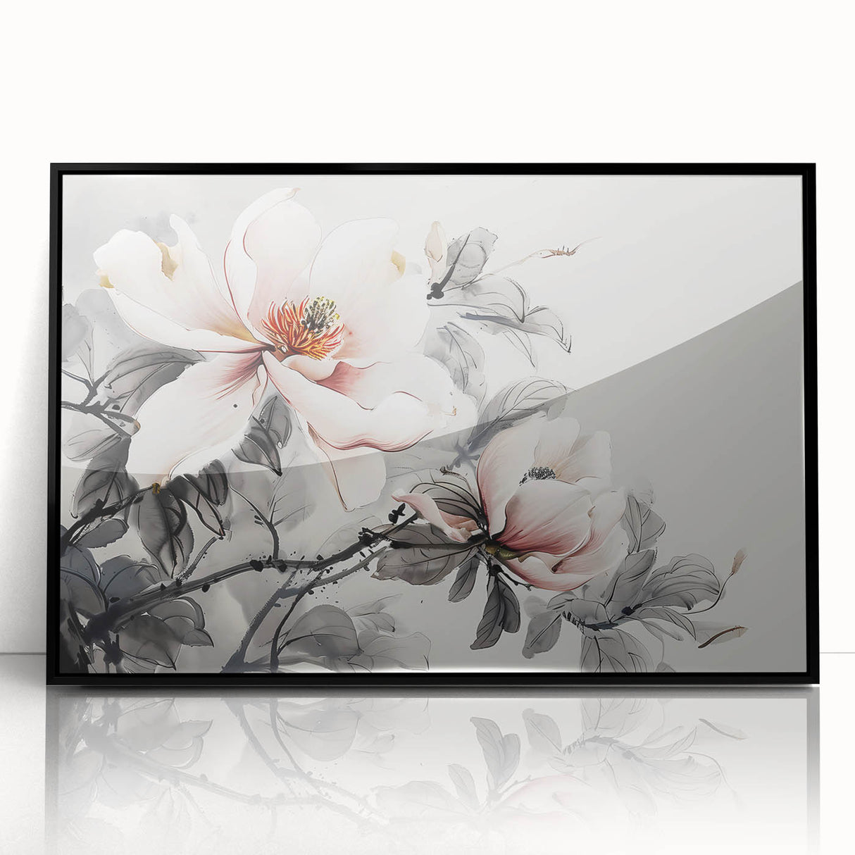 Framed black wall art featuring a stunning botanical design of magnolia flowers, showcasing vibrant colors and intricate details, perfect for home decor.