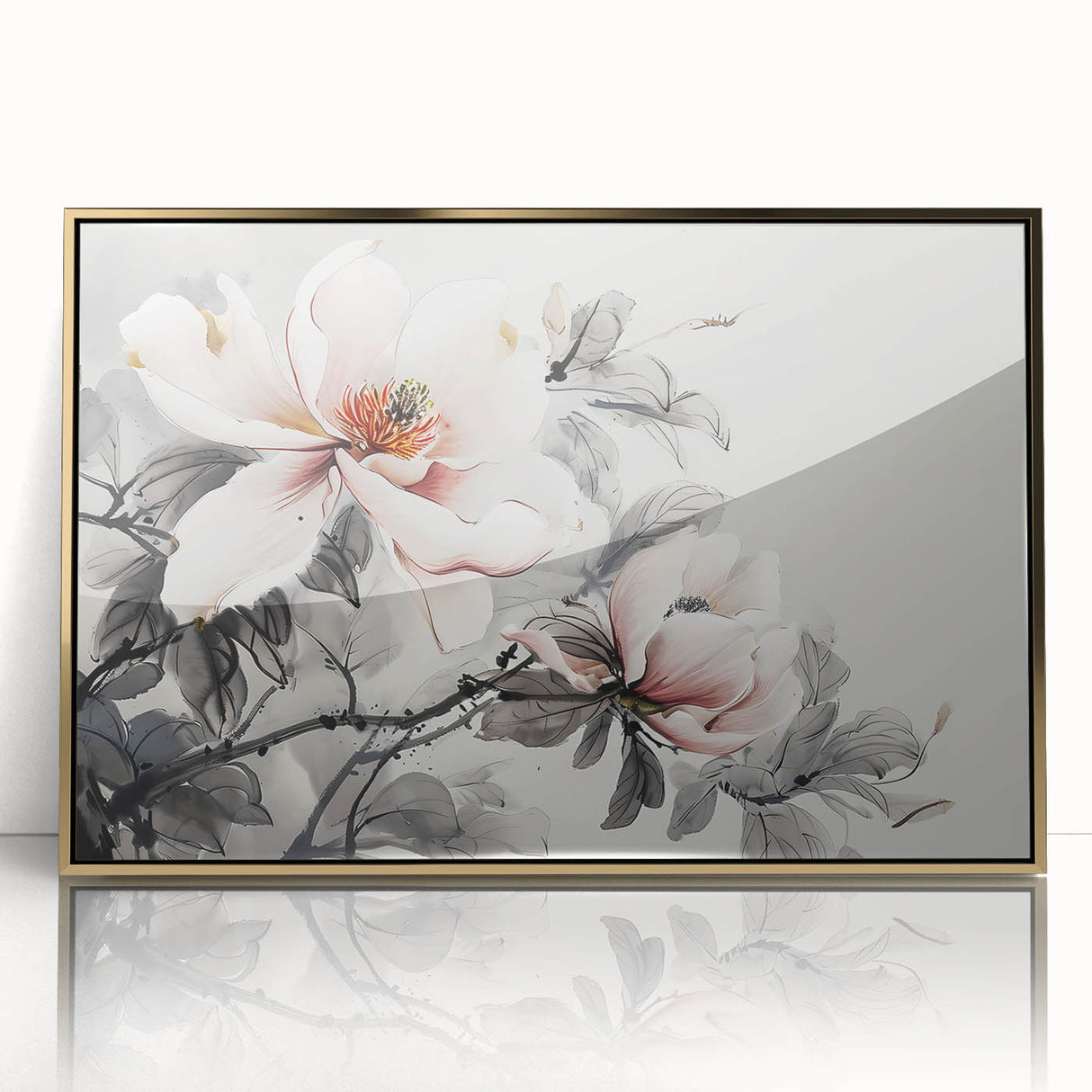 Framed botanical wall art featuring a magnolia design with gold accents, elegantly displayed in a modern setting, perfect for home decor enhancement.