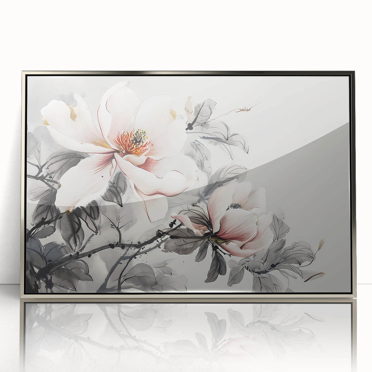 Framed wall art showcasing an elegant botanical magnolia design with silver accents, perfect for enhancing modern home decor. Features a sleek acrylic front.