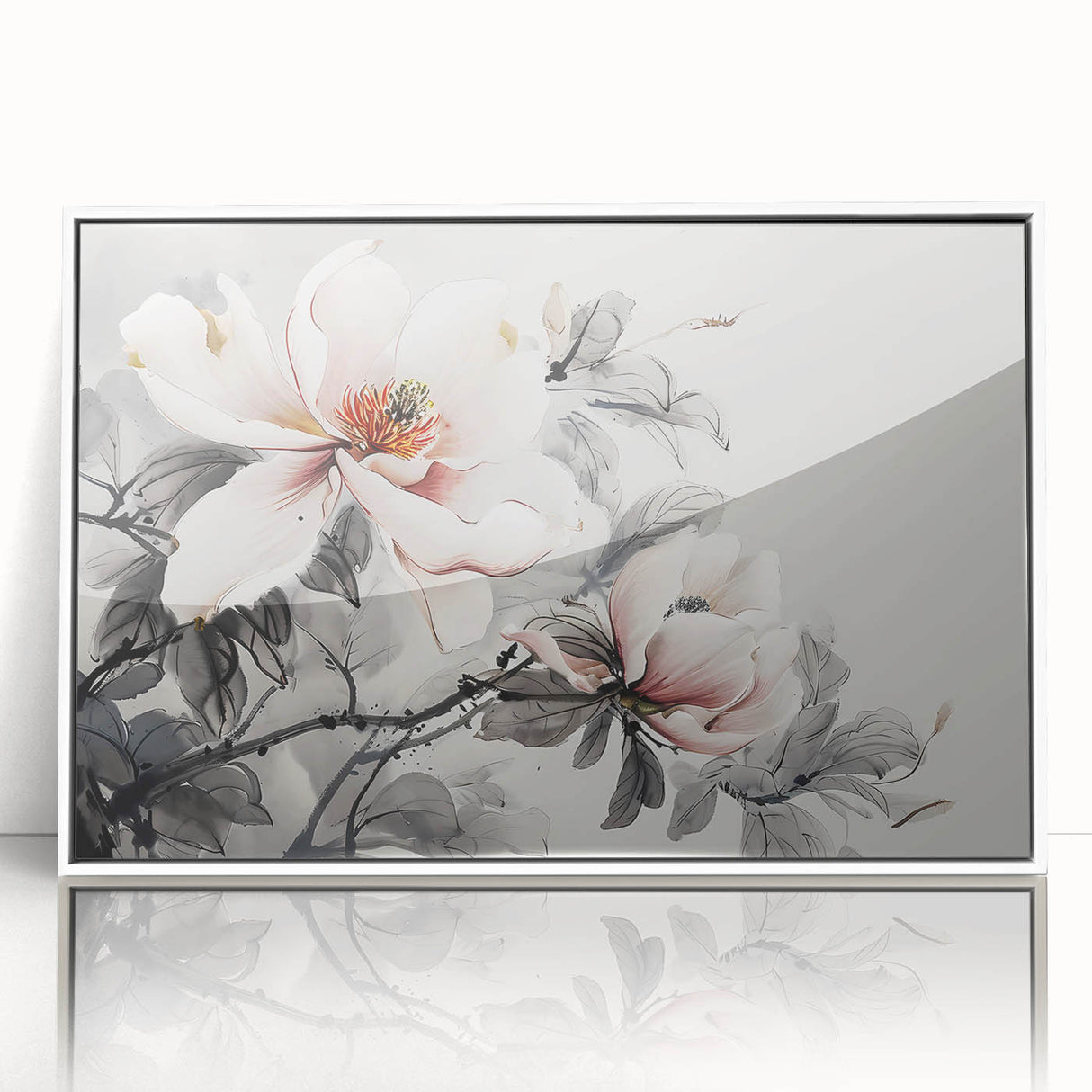 Framed wall art showcasing a botanical magnolia design with vibrant white flowers against a soft background, perfect for enhancing home decor and adding elegance.