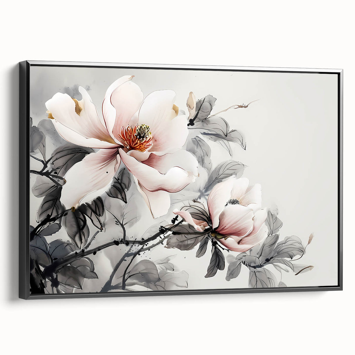 Framed canvas wall art showcasing a botanical magnolia design, featuring soft pink and white flowers against a black background, perfect for modern decor.