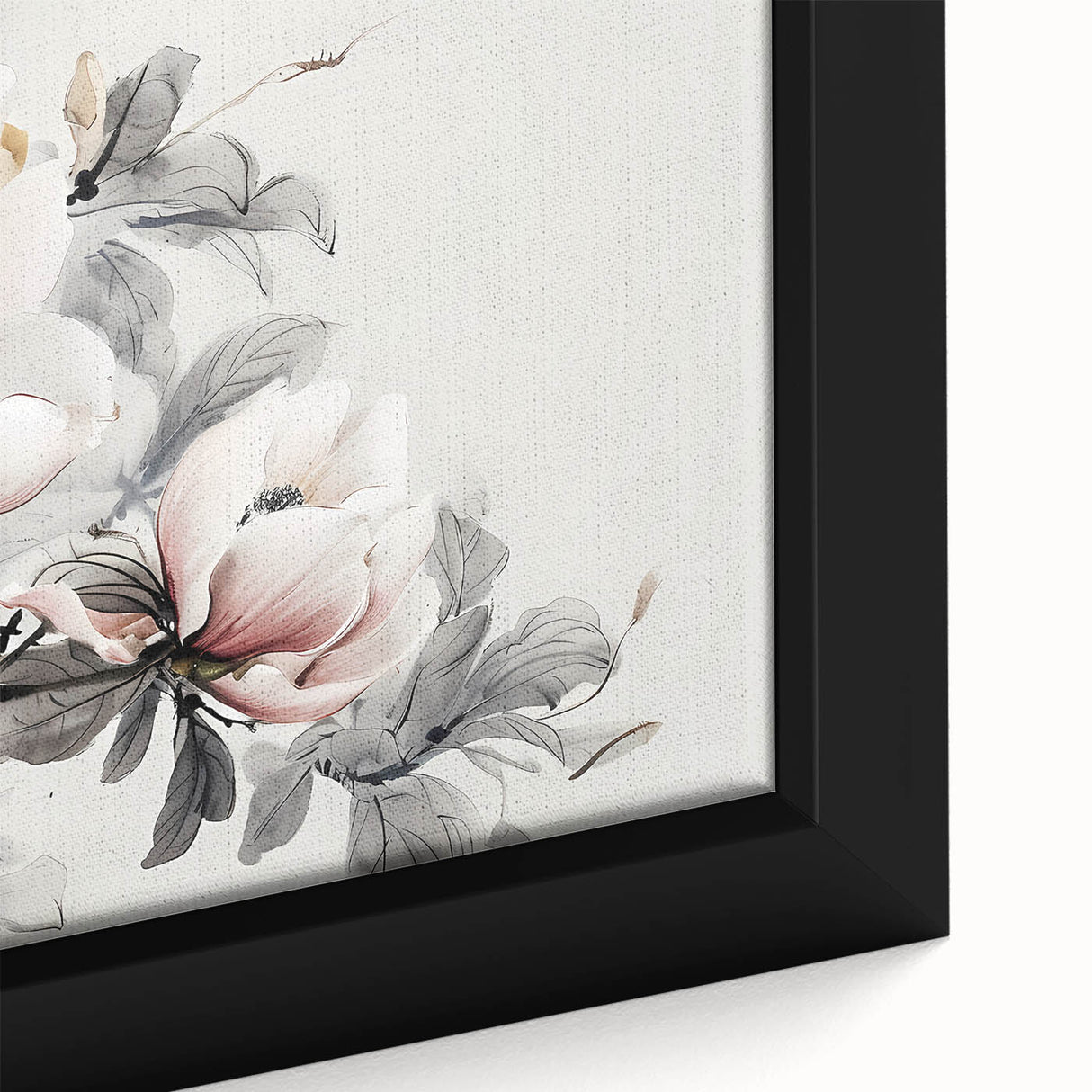 Close-up of a framed botanical wall art piece showcasing a delicate magnolia design with soft pink and white petals against a muted background, perfect for home decor.