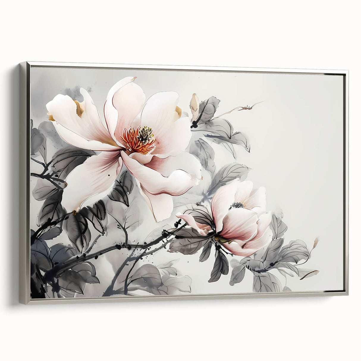 Framed wall art featuring a botanical magnolia design on canvas, showcasing delicate white flowers against a soft silver background, perfect for modern home decor.