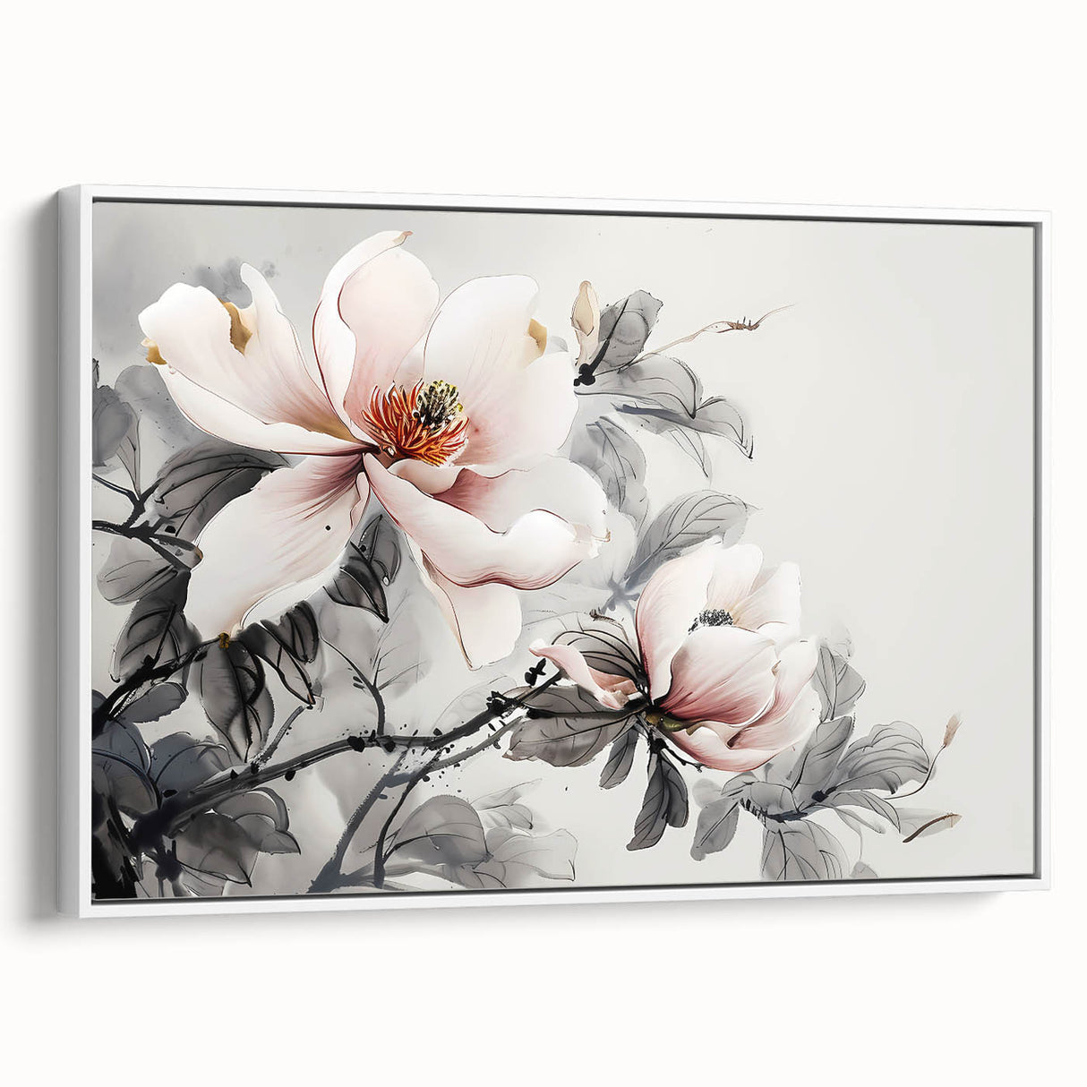 Framed botanical wall art featuring a magnolia design on canvas, elegantly displayed with a white frame, showcasing intricate floral details and a side view perspective. Perfect for home decor.