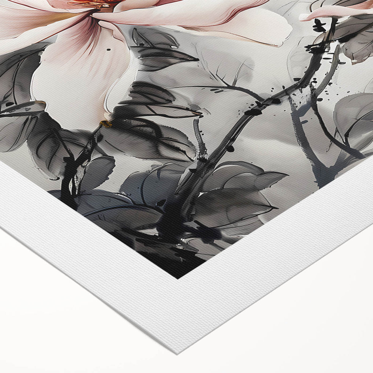 Botanical wall art design showcasing a vibrant magnolia flower on rolled canvas, ideal for home decor, displayed against a neutral background for emphasis.