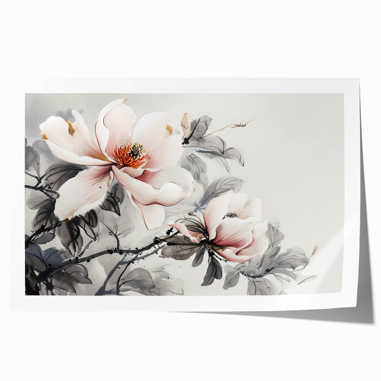 Botanical wall art print showcasing a detailed magnolia design with soft pink and white petals against a light background, perfect for home decor and floral enthusiasts.