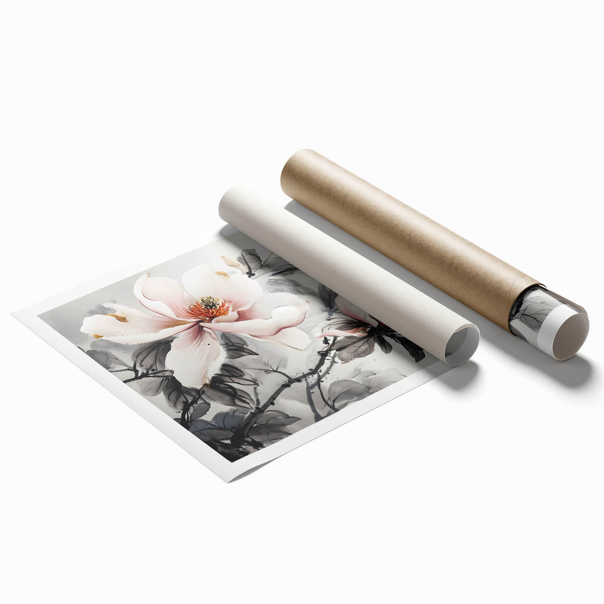 Magnolia floral wall art print in soft pastel colors, showcasing intricate botanical details on high-quality paper, ideal for home decor or gallery display.