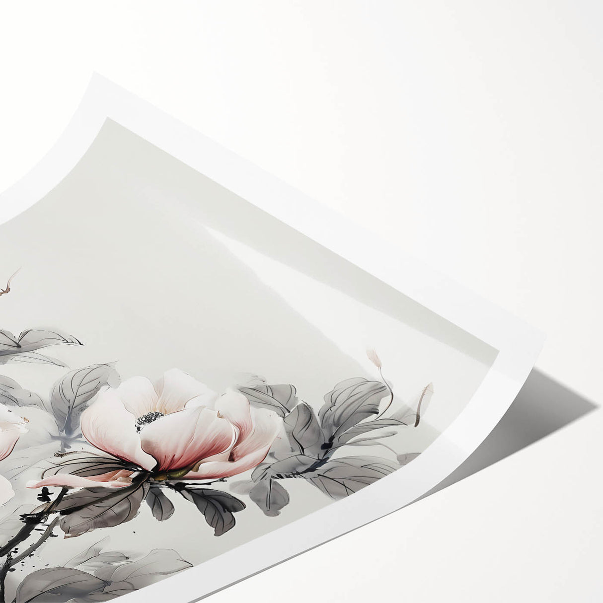 Botanical magnolia wall art print showcasing a delicate floral design in soft pastel colors, rolled for shipping in a protective cardboard tube. Perfect for home decor.