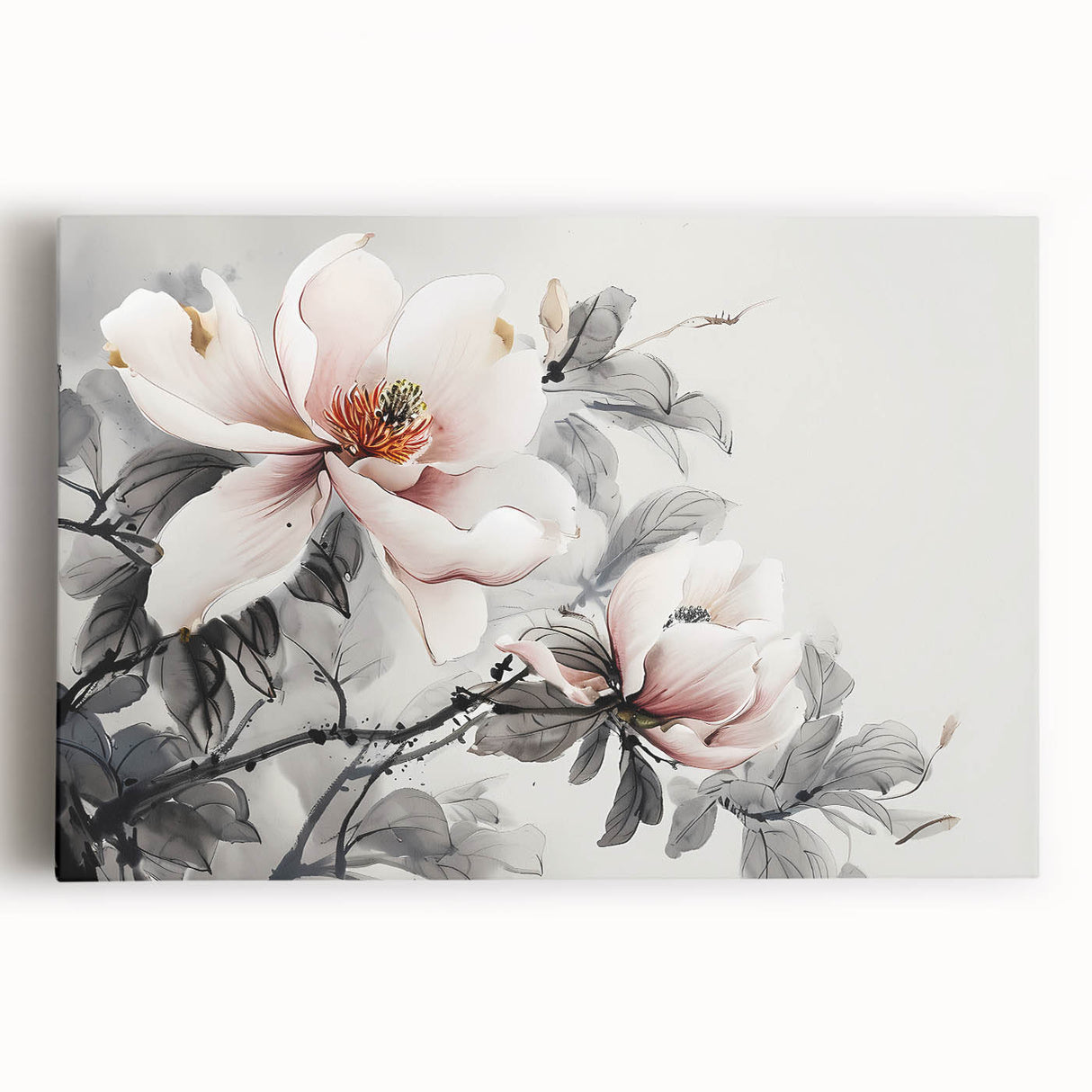 Stretched canvas artwork showcasing a botanical design of magnolia flowers, featuring vibrant colors and intricate details, perfect for enhancing home decor.