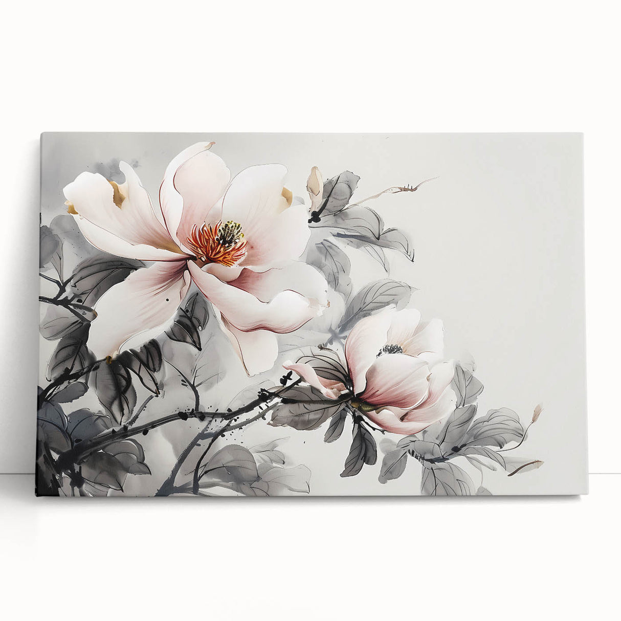 Stretched canvas wall art featuring a botanical magnolia design, showcasing delicate pink flowers and lush green leaves, perfect for home decor.