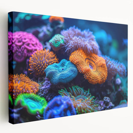 Stretched canvas wall art showcasing a vibrant botanical marine plants design, featuring a colorful array of oceanic flora, perfect for enhancing coastal-themed decor.