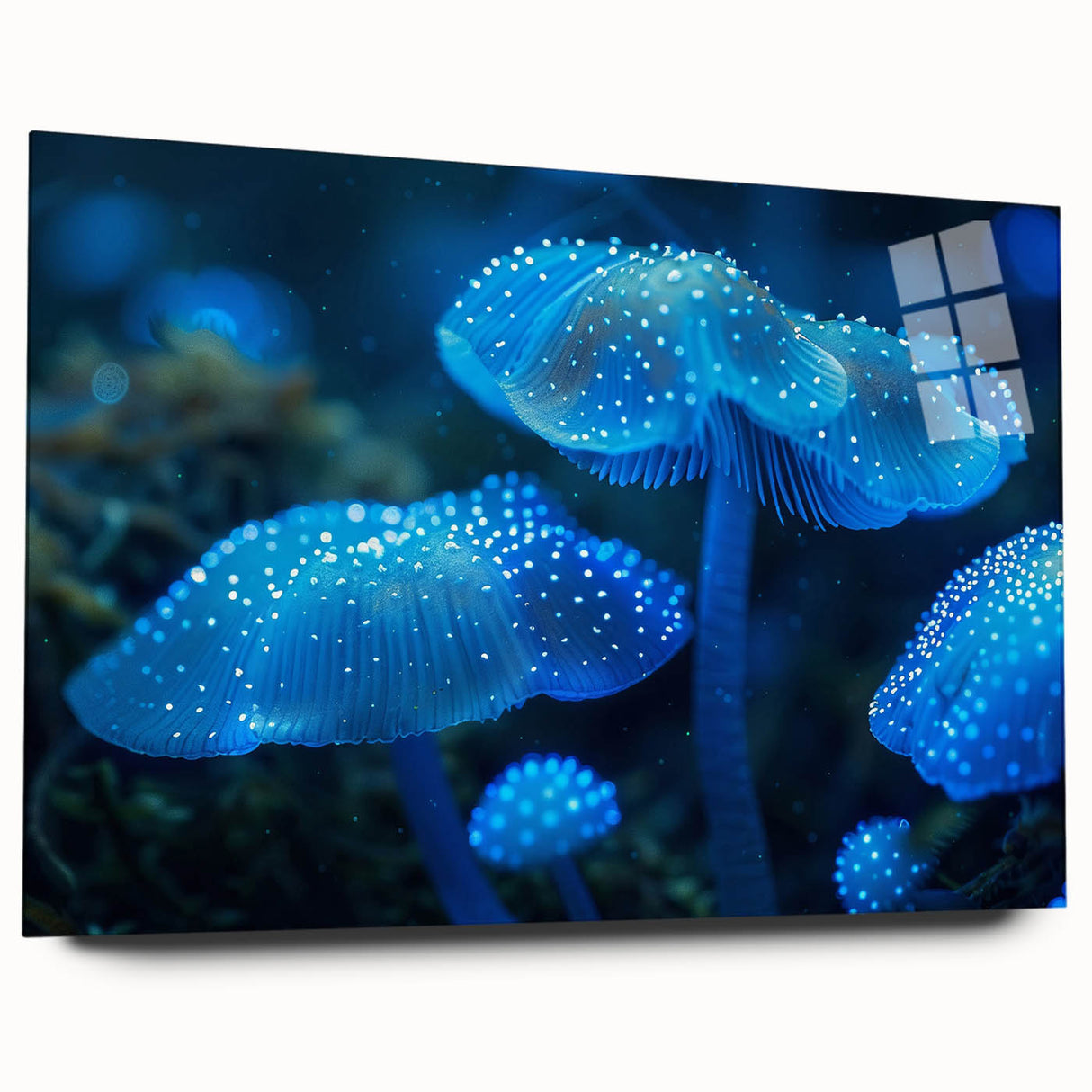 Acrylic glass wall art featuring a vibrant botanical design of marine plants, displayed from a side view to highlight its sleek finish and colors. Ideal for nature-inspired decor.