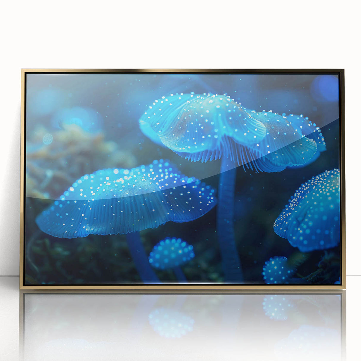 Framed wall art showcasing a vibrant botanical design featuring marine plants, with gold accents and an acrylic front, perfect for enhancing home decor.