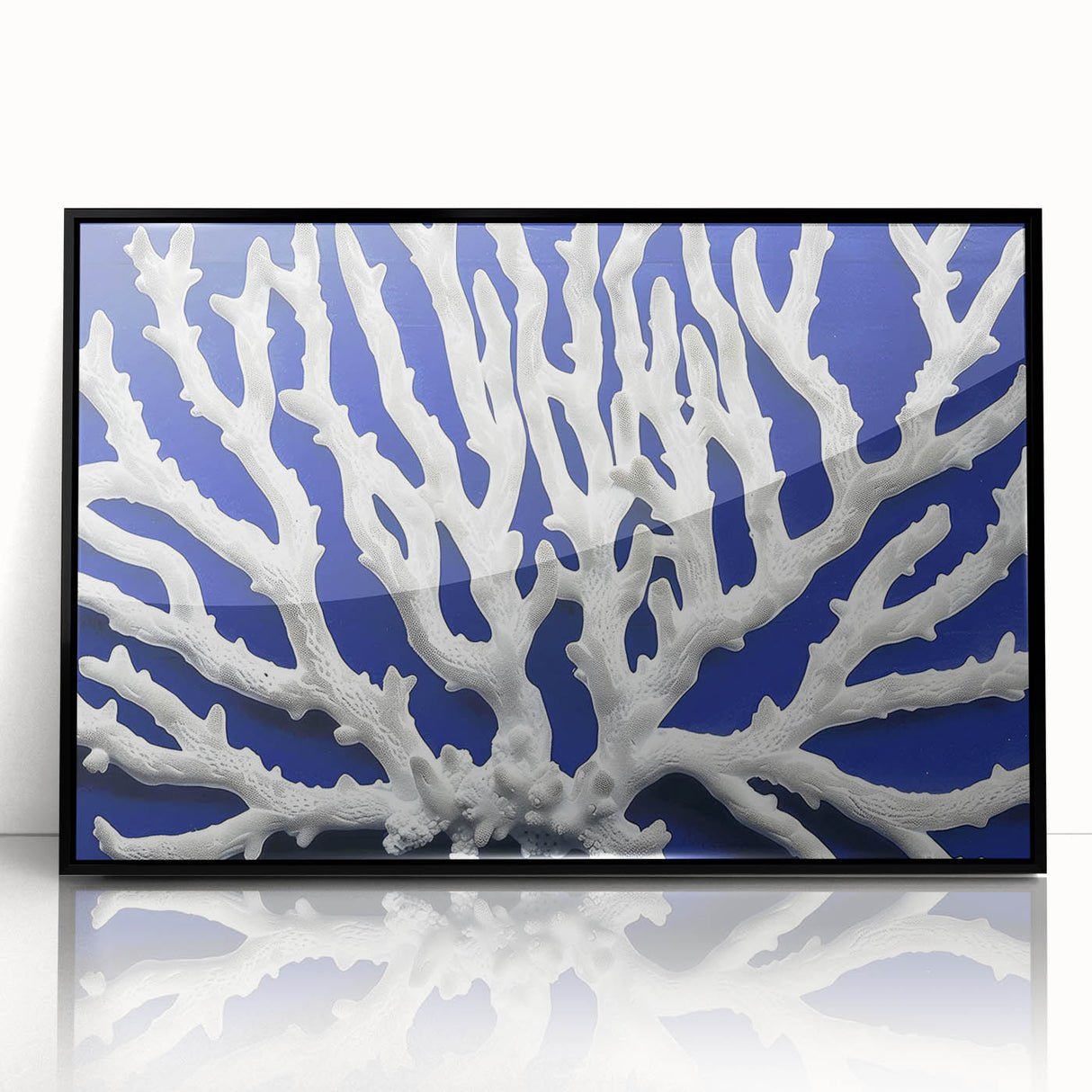 Framed wall art featuring a botanical design of marine plants, showcasing vibrant colors and intricate details, set in a sleek black frame for modern decor.