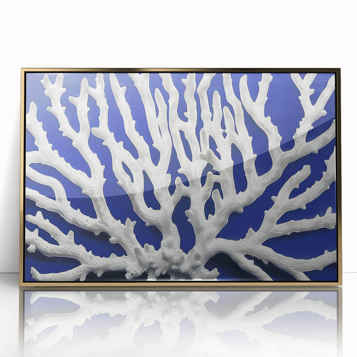 Framed wall art featuring a botanical marine plants design, showcasing vibrant colors and intricate details, elegantly presented with a gold frame and acrylic front.
