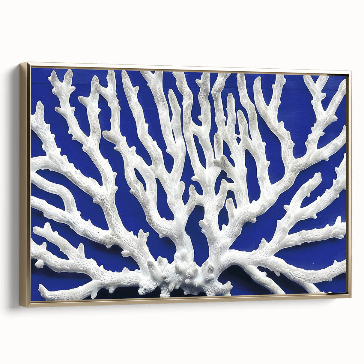 Framed canvas wall art displaying a botanical design of marine plants in vibrant colors, featuring gold accents and a side view showcasing its elegant frame. Ideal for enhancing coastal home decor.