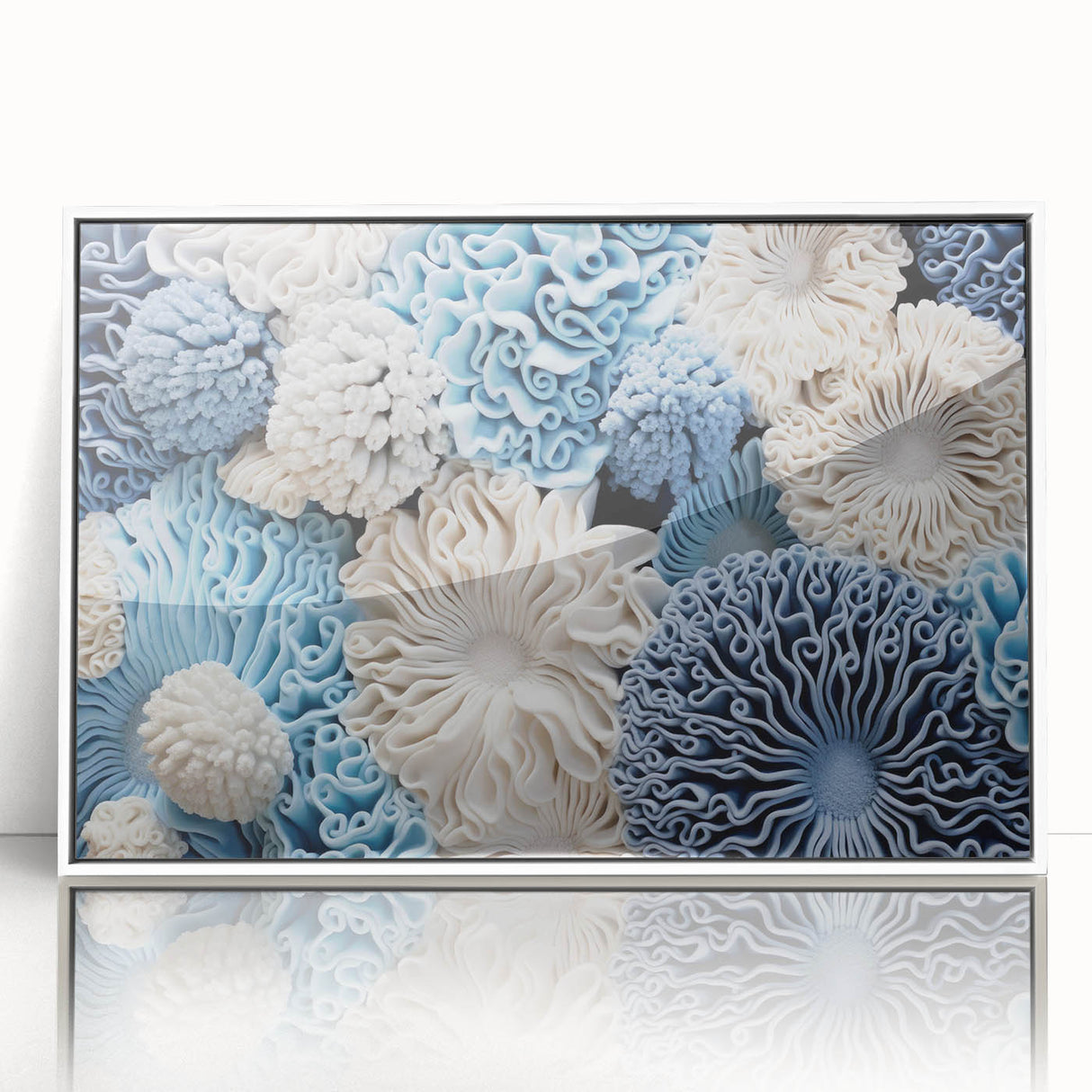 Framed wall art featuring a botanical design of marine plants in vibrant colors, displayed in a sleek white frame, perfect for enhancing coastal-themed decor.