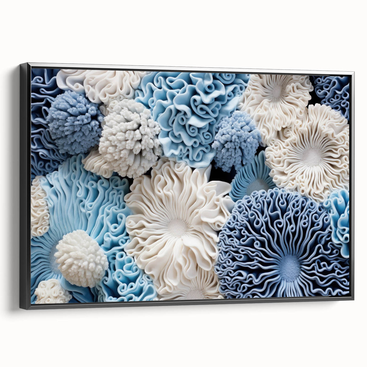 Framed wall art showcasing a botanical marine plants design, featuring vibrant colors and intricate details, set against a sleek black frame, perfect for home decor.