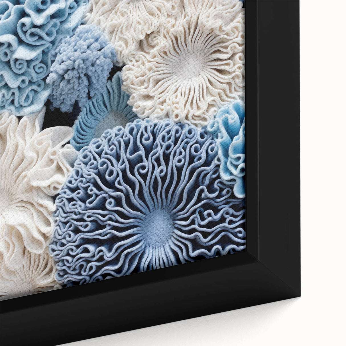 Close-up of a vibrant framed canvas artwork showcasing an intricate botanical design of marine plants, featuring rich colors and detailed textures, perfect for coastal decor.