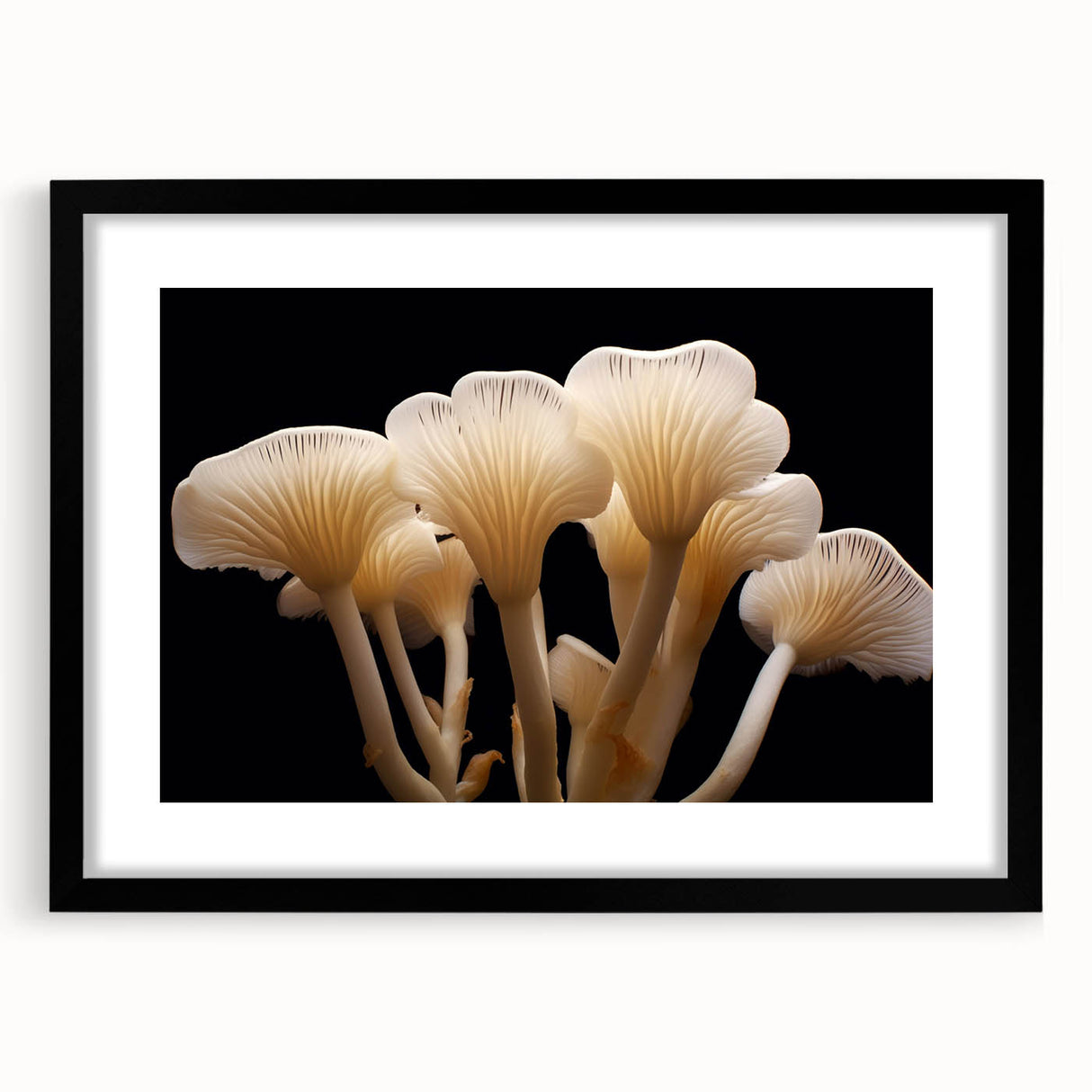 Botanical wall art print featuring a vibrant design of flowers and mushrooms in a black frame with a mat, ideal for enhancing home decor and nature-themed interiors.