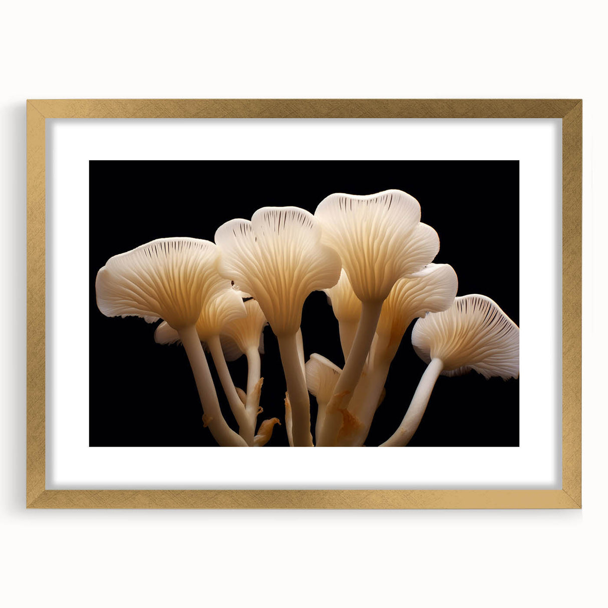 Botanical wall art design featuring colorful flowers and mushrooms in a gold frame with a mat, perfect for enhancing home decor. Ideal for nature lovers.