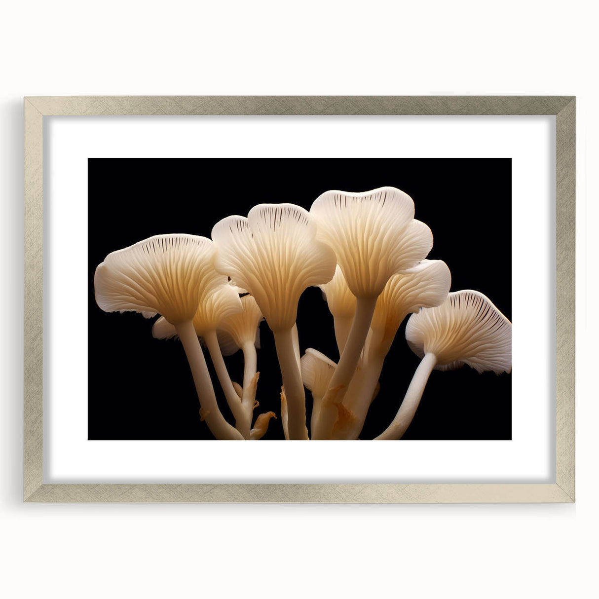 Botanical-themed wall art showcasing a collection of colorful flowers and mushrooms, framed with a sleek silver finish, perfect for home decor enthusiasts.