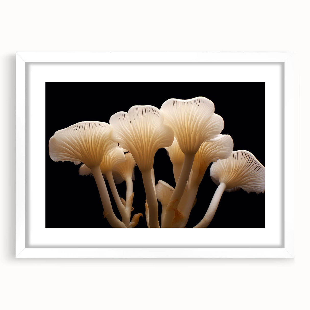 Botanical wall art print featuring a vibrant floral and mushroom design, framed with a white mat and sleek frame, perfect for enhancing home decor.
