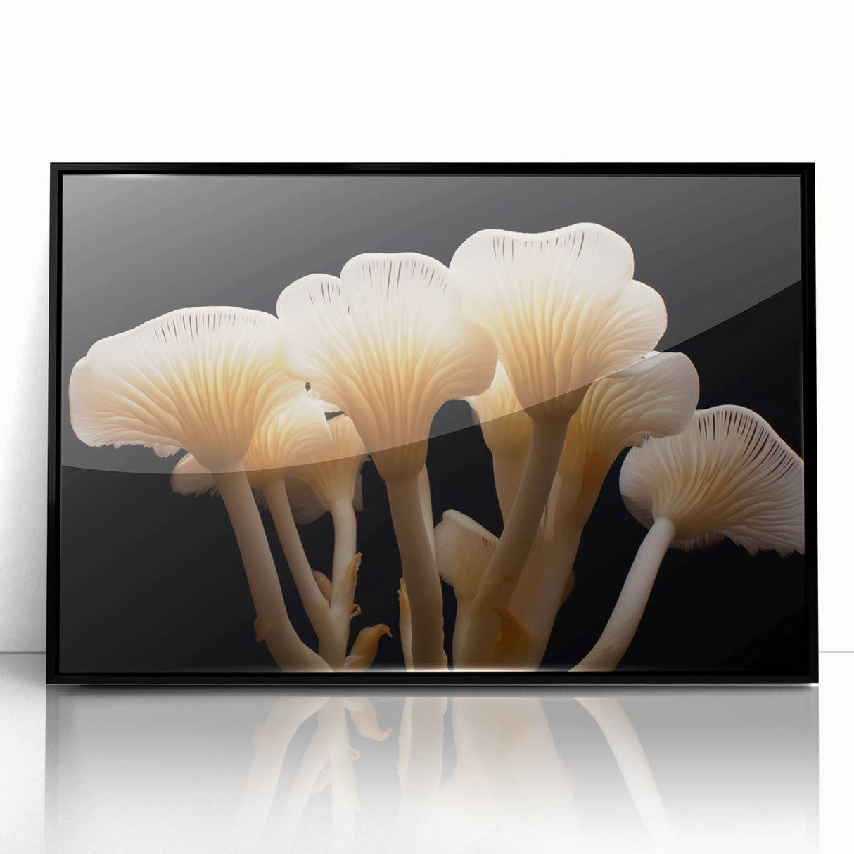 Framed wall art collection showcasing a vibrant botanical design of flowers and mushrooms against a black background, perfect for modern decor.
