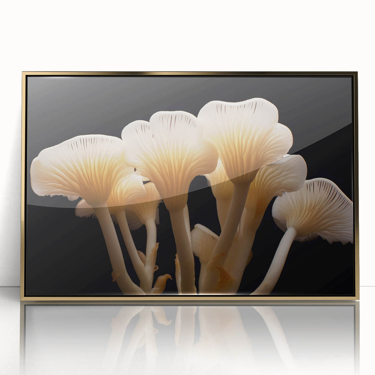 Framed botanical wall art featuring an intricate design of colorful flowers and mushrooms, accented with a gold frame, perfect for home decor or nature-themed interiors.