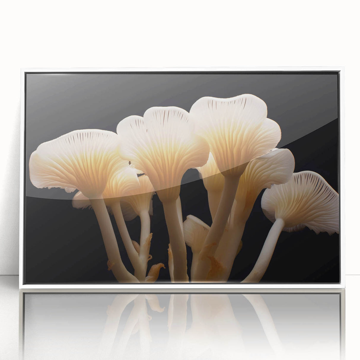 Framed wall art featuring a botanical design of colorful flowers and mushrooms, with a sleek white frame, perfect for adding a nature-inspired touch to home decor.