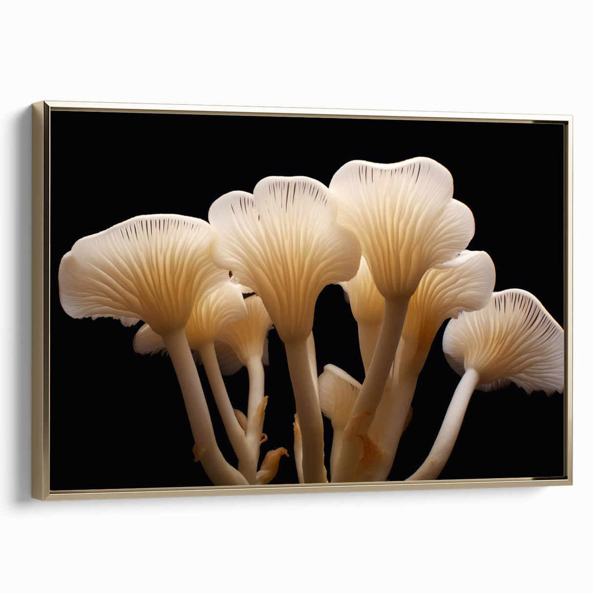 Framed botanical wall art featuring a vibrant collection of flowers and mushrooms against a gold background, showcasing intricate details and textures. Perfect for adding a natural aesthetic to home decor.