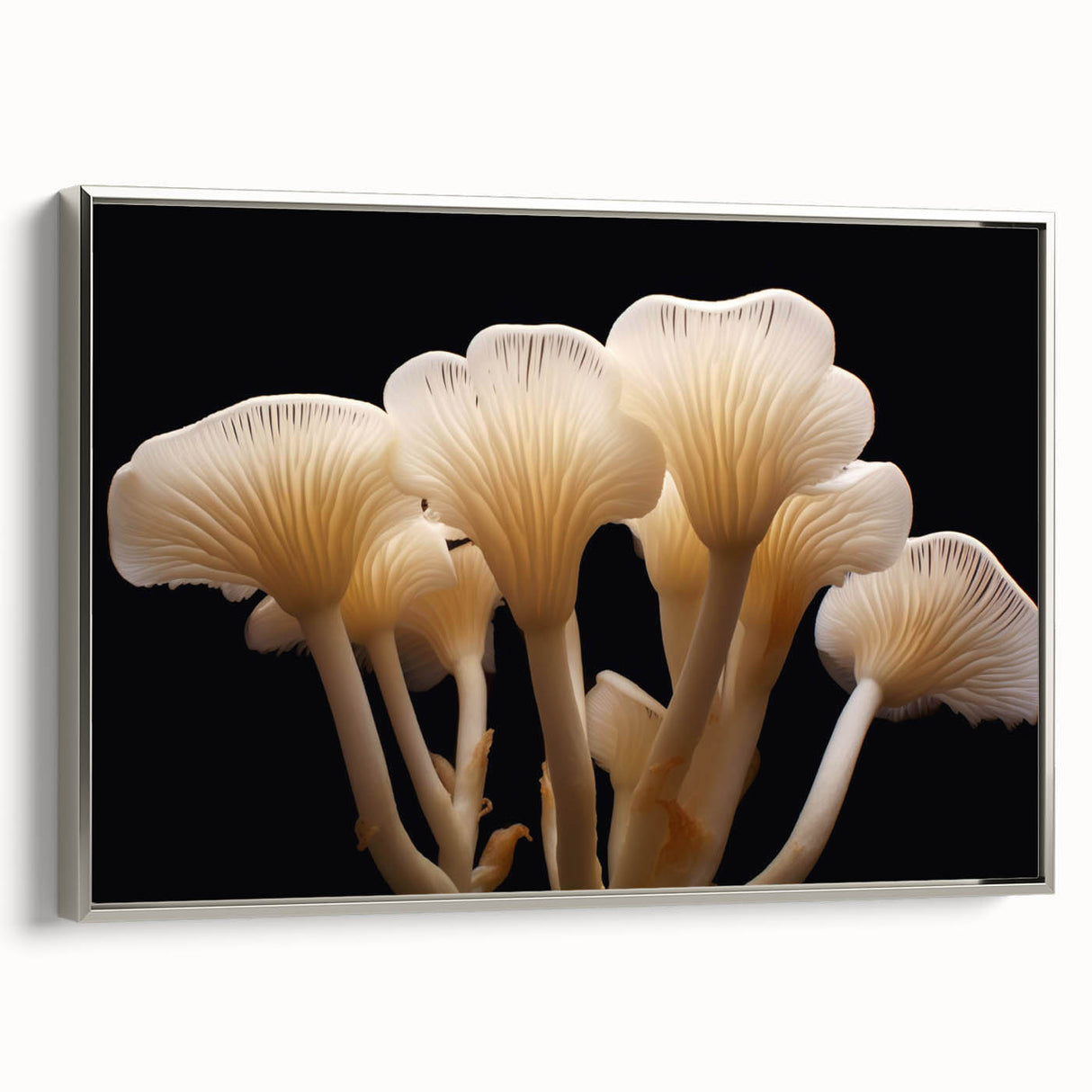 Framed wall art showcasing a botanical design of colorful flowers and mushrooms, elegantly displayed with a silver frame, perfect for nature-inspired decor.