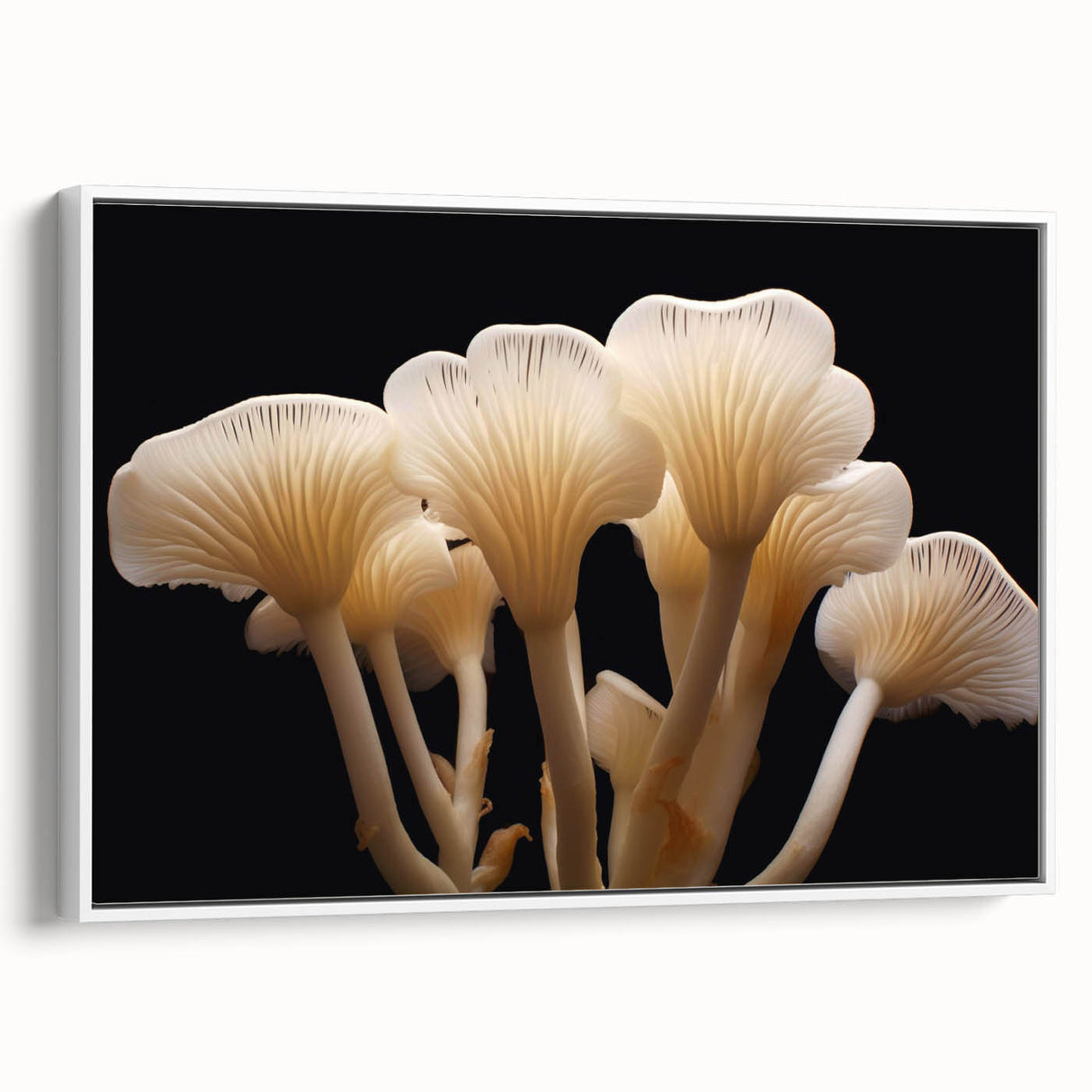 Framed wall art featuring a botanical design of colorful mushrooms on a white background, showcasing intricate details and vibrant colors, perfect for home decor.