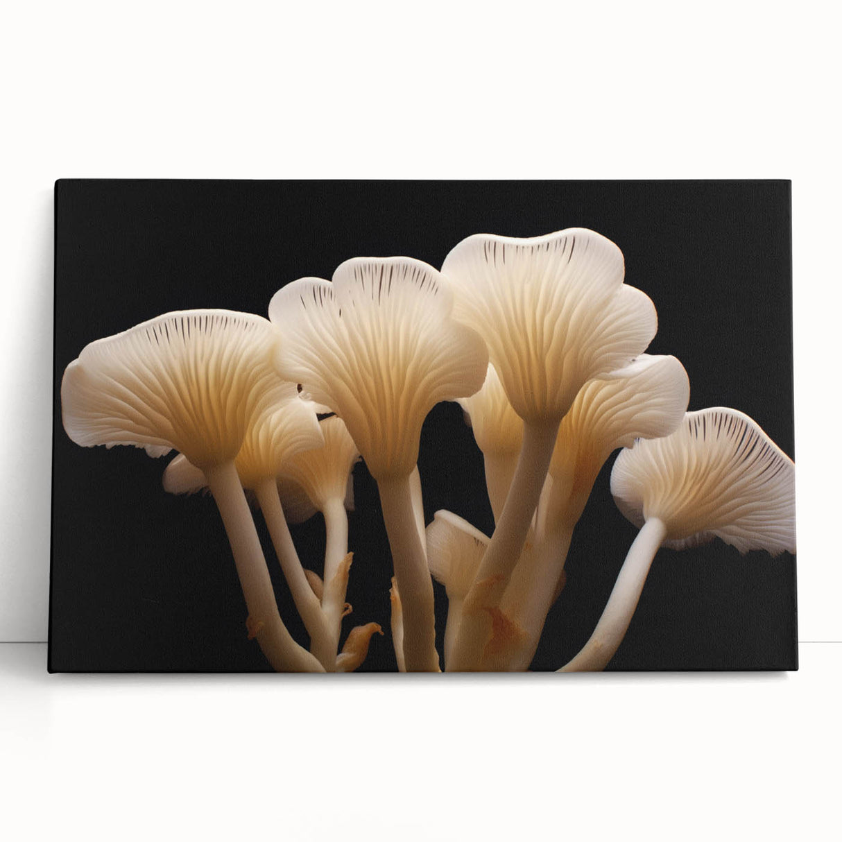 Botanical wall art featuring a vibrant collection of flowers and mushrooms on stretched canvas, elegantly displayed against a neutral background, perfect for home decor.