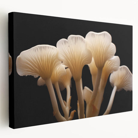 Stretched canvas artwork showcasing a vibrant floral and botanical mushroom design, featuring intricate details and a side view ideal for home decor.