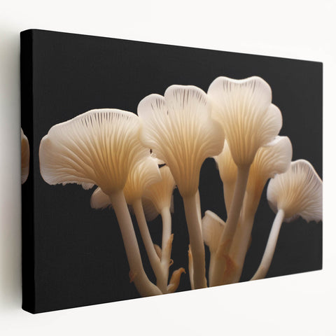 Stretched canvas artwork showcasing a vibrant floral and botanical mushroom design, featuring intricate details and a side view ideal for home decor.