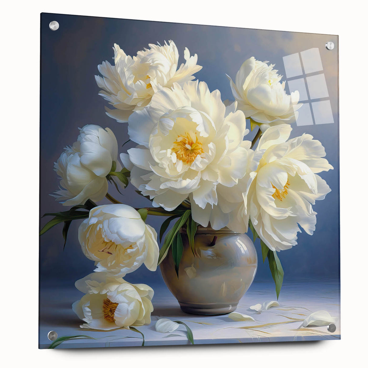 Acrylic glass wall art showcasing a botanical peony design, elegantly displayed with pins on a white background, perfect for modern home decor.