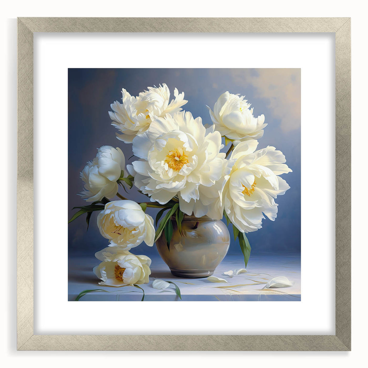 Elegant botanical wall art featuring a peony design in a silver frame with a mat, showcasing delicate floral details against a neutral background, perfect for home decor.