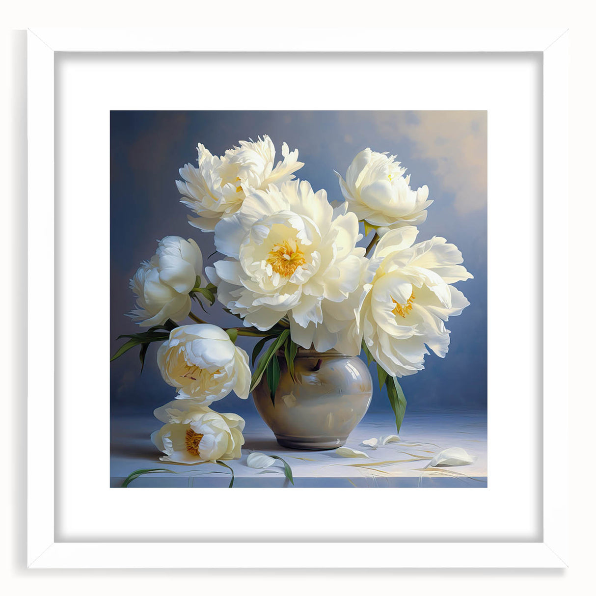 Peony botanical wall art design in a white frame with matting, showcasing soft pink and green floral details, ideal for home decor or gallery display.