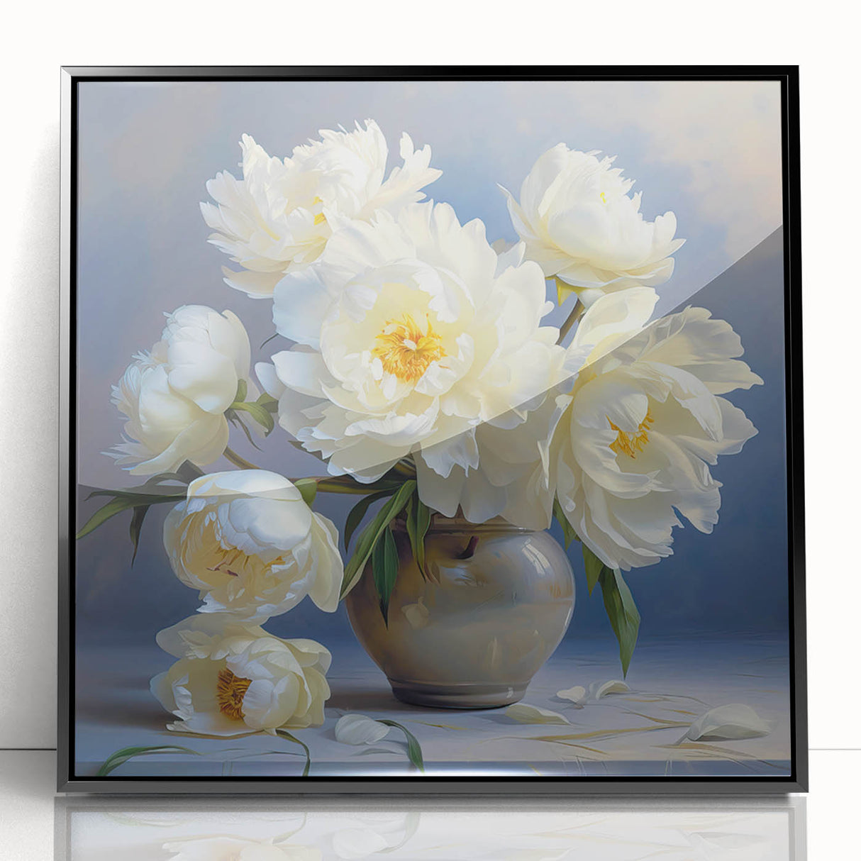 Framed wall art showcasing a botanical peony design in vibrant pink and white hues, set in a sleek black frame, perfect for home decor and floral enthusiasts.