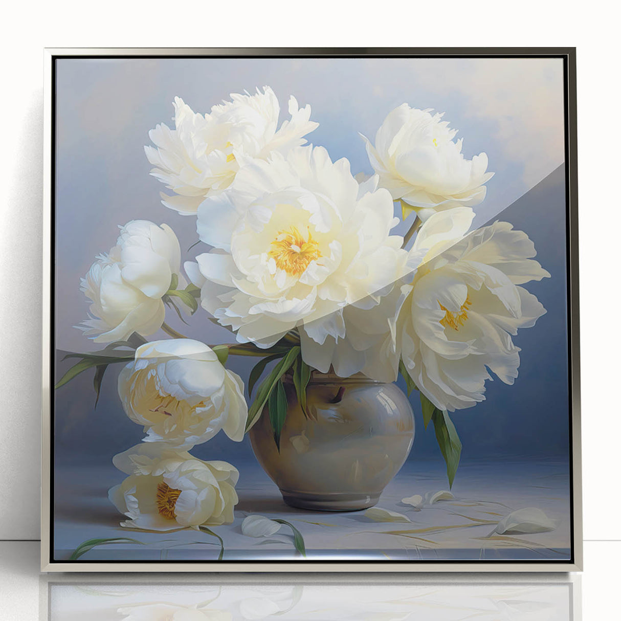 Framed botanical wall art showcasing a delicate peony design, elegantly presented in silver-acrylic, perfect for home decor enthusiasts seeking floral elegance.